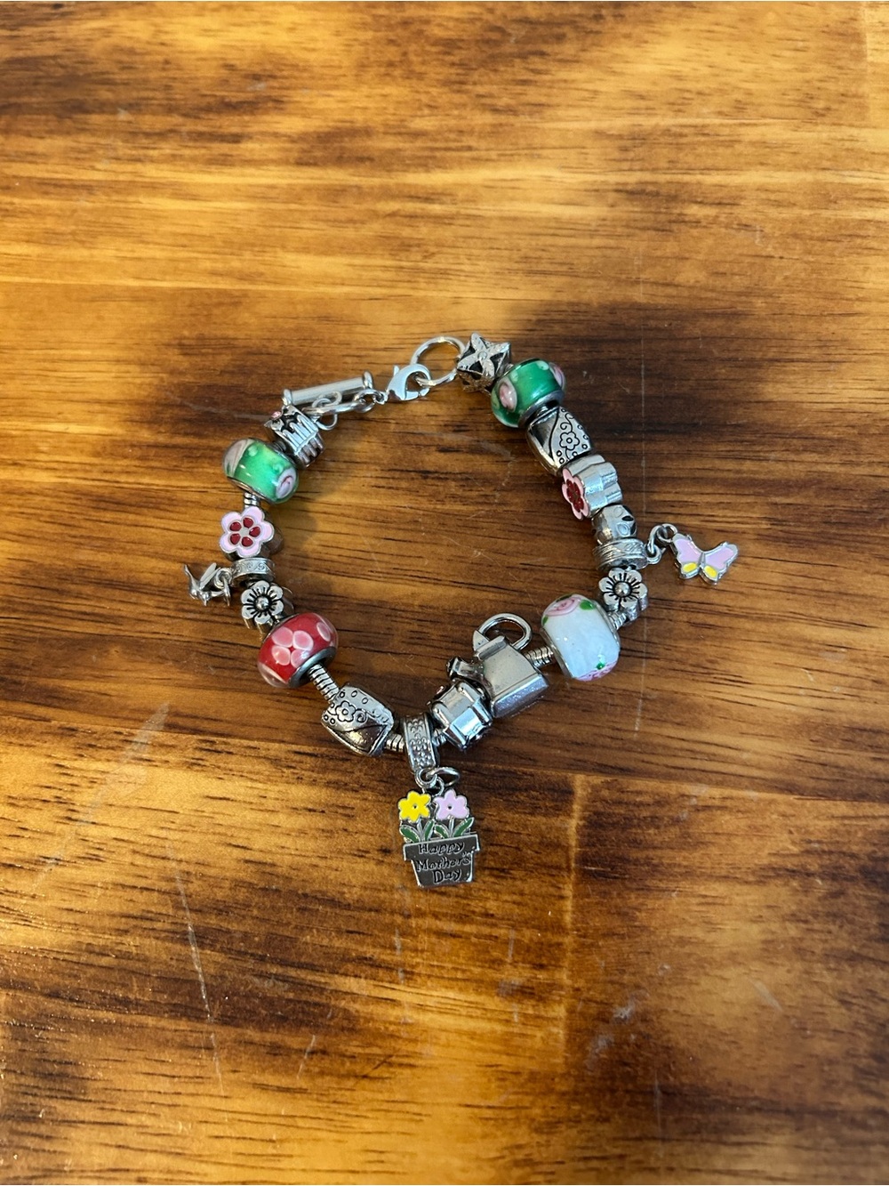 Happy Mother’s Day Silver Floral Charm Bracelet with Green and Pink Beads